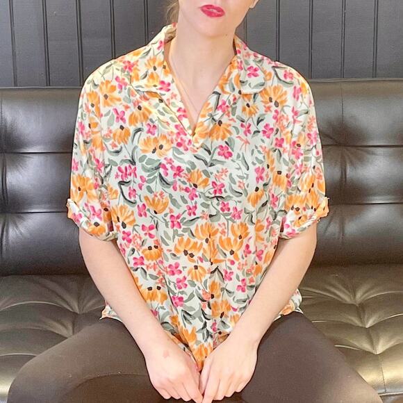 HABAND FOR HER Green Pink Vintage 80s Floral Button Up - Picture 2 of 7